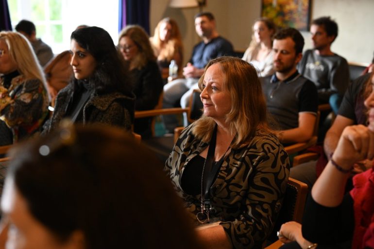 Caroline Farrell at Connemara Writers’ Retreat, with Mark McNally just behind her, October 2022