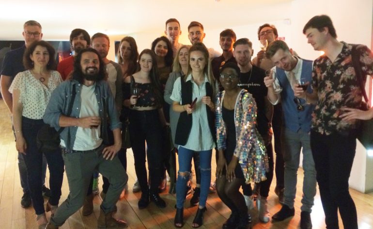 Graduates of CDCFE Degree in Video and Film Production with head tutors Leticia Aguro ( far left) and Frank Berry, director of Michael Inside ( far left top)