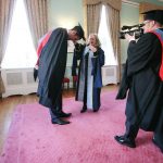 Lenny Abrahamson records Dr Annie Doona,President Dun Laoghaire Institute of Art, Design and Technology as she helps Bressie gown up for the ceremony. Pics Brian Farrell