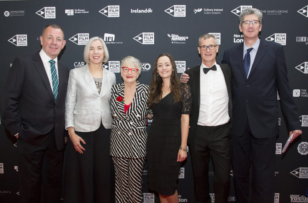 Festival founder and director Kelly O’Connor and patron Ros Hubbard flanked at the Irish Film Festival London Awards 2019