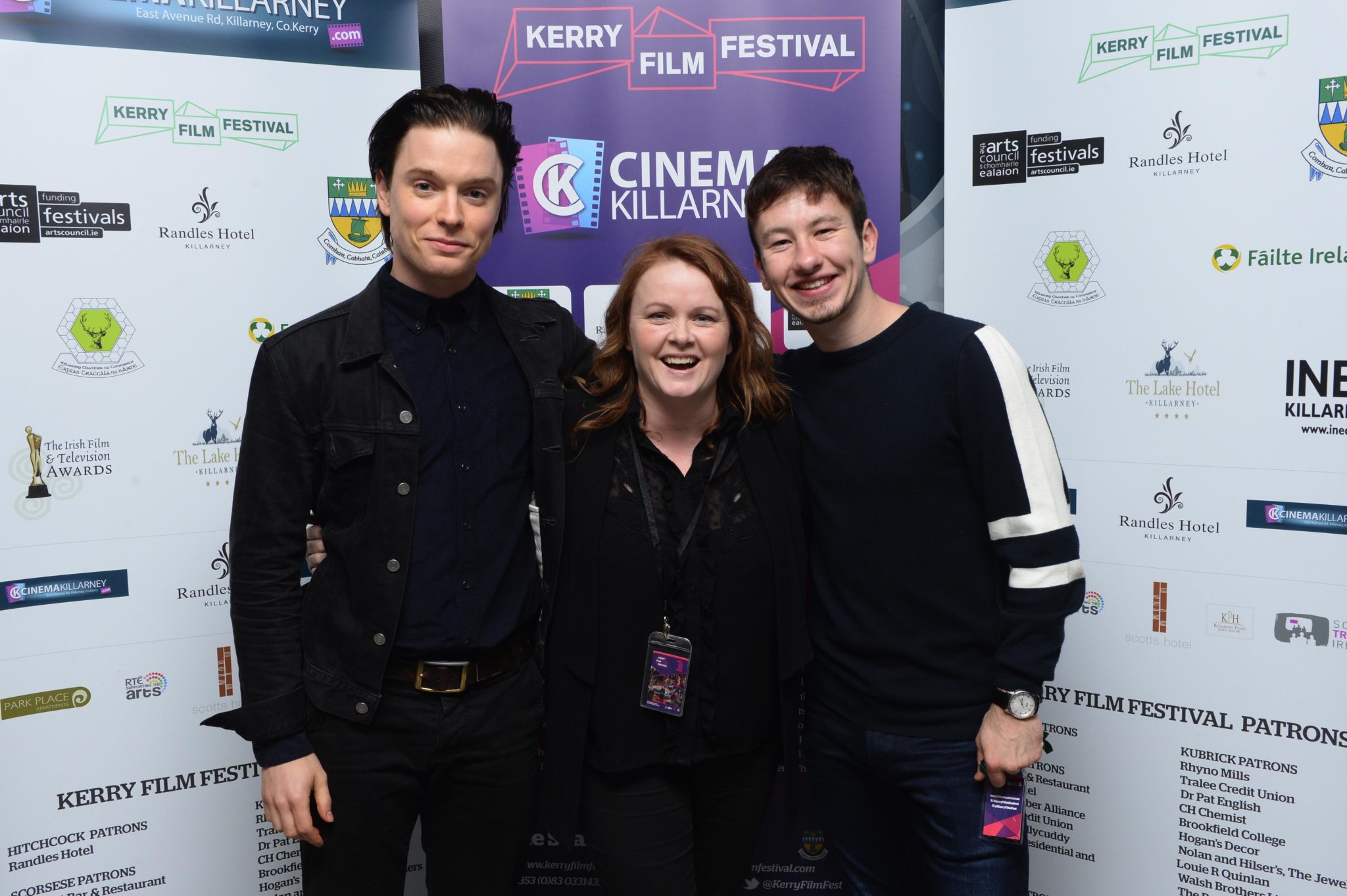 Black 47 actors Freddie Fox and Barry Keoghan with Kerry Film Festival director Maeve McGrath pictured at The Killarney Cinema at the weekend. Photograph by Sally MacMonagle.