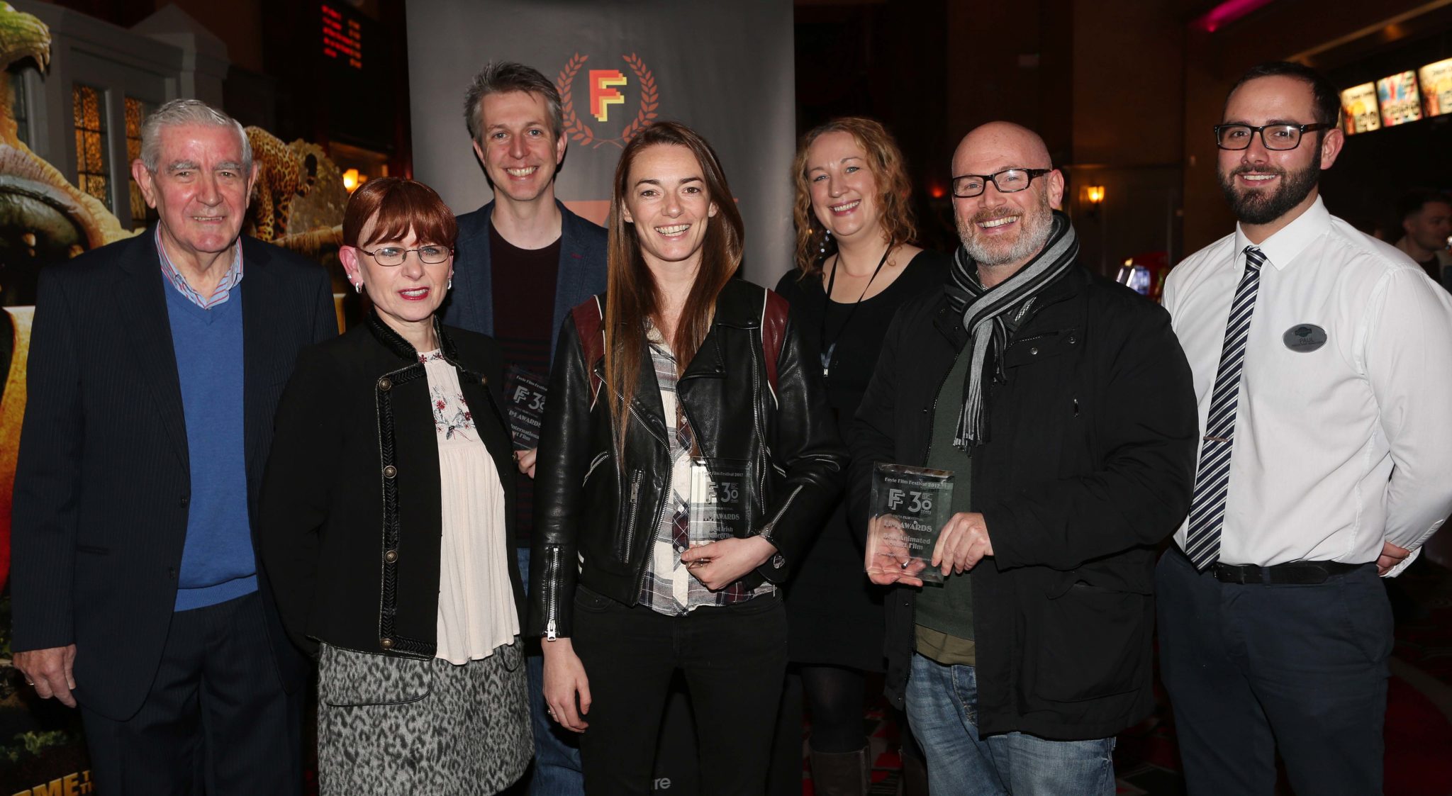 Michael Bond, City of Derry Crystal, Bernie McLaughlin, Foyle Film Festival Director and Programmer, Geraint Reyonds (Catch of the Day director), Hazel Cullen (Time Traveller producer) Eavan King, Foyle Film Festival, Pearse Moore, (An Béal Bocht Producer) and Paul Doherty, Brunswick Moviebowl