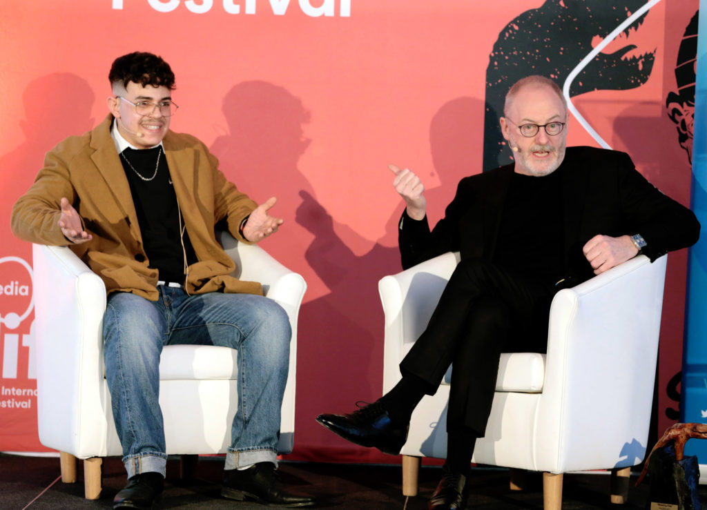 Refugee Husam Alhraki presents Liam Cunningham with the Irish Council for Civil Liberties Human Rights Award 2020 for his contribution to Human Rights as part of the Virgin Media Dublin International Film Festival at the RHA Gallery in Ely Place on Friday evening .Pic Brian McEvoy