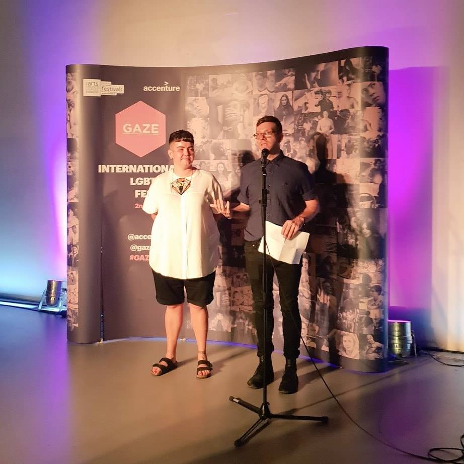 Vickey Curtis and Nick McCarthy announce the GAZE LGBT Film Festival Jury Prize winners
