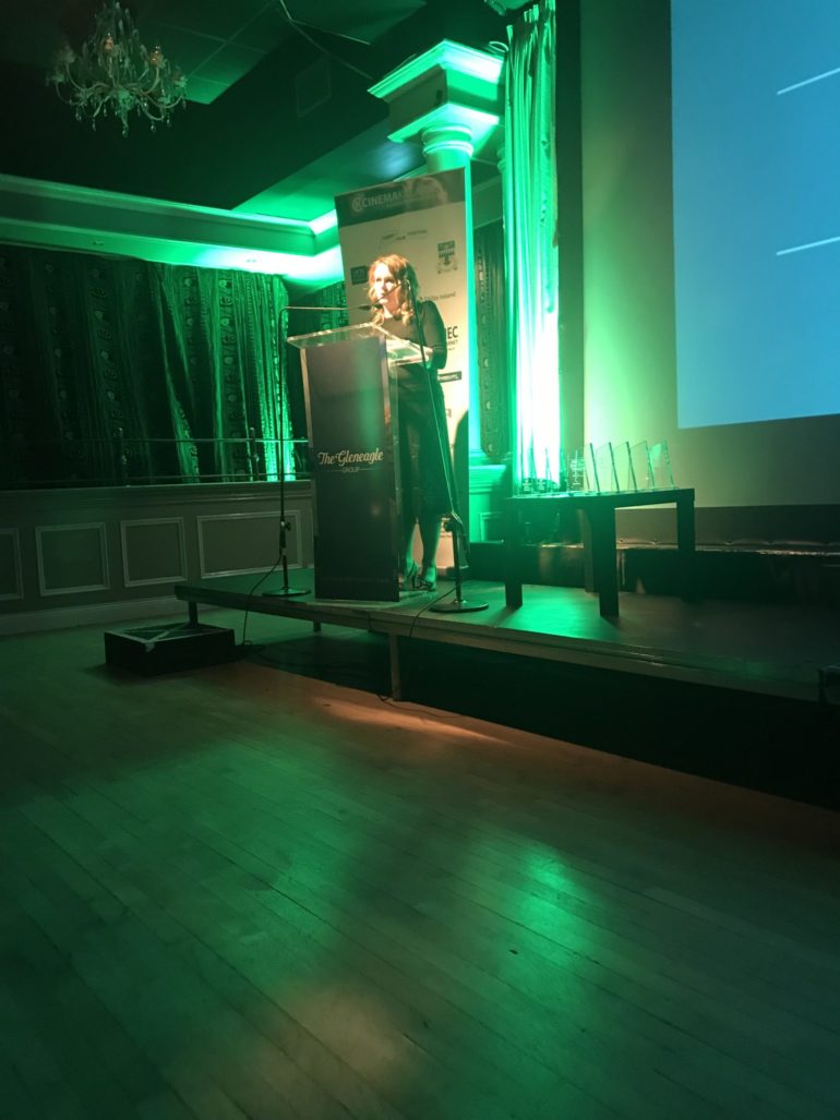 Artistic Director of the Kerry Film Festival Maeve McGrath announcing awards winners at the INEC. Photo credit Oisín Mackey