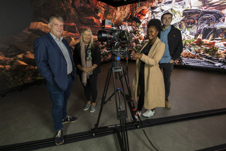 Richard Williams, CEO of Northern Ireland Screen; Leesa Harker, writer and former Northern Ireland Screen trainee script editor; Esther Katasi, CINE scheme participant, and Gavin Kelly, Northern Ireland Screen Facilities and Sustainability Manager.