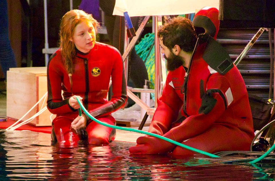 Hermione Corfield and Ardalan Esmaili on set of Neasa Hardiman's Sea Fever. Photo: Gus Kaage/Film i Väst