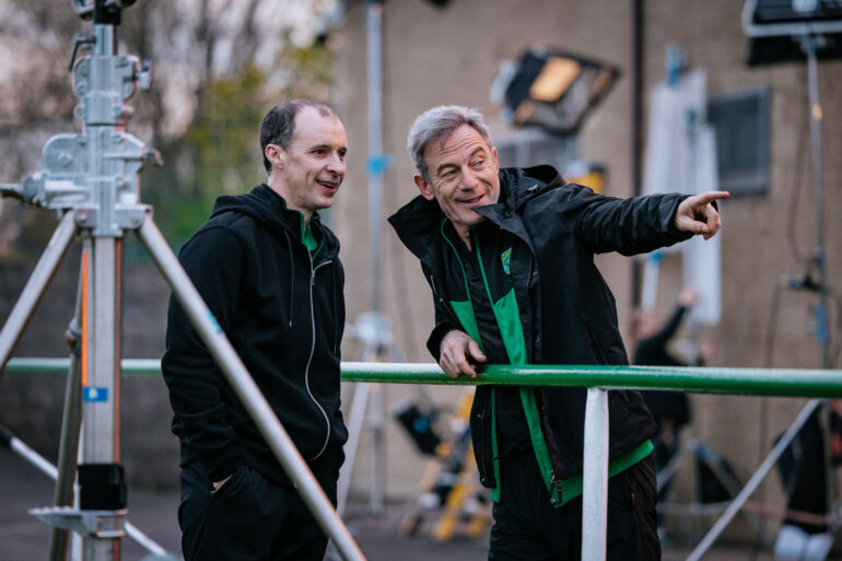 Tom Vaughan Lawlor and Jason Isaacs filming Silverback in Balbriggan