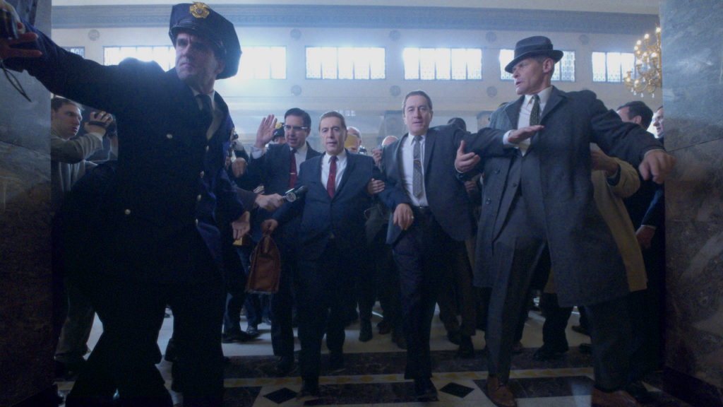 THE IRISHMAN (2019) Ray Ramano (Bill Bufalino ) Al Pacino (Jimmy Hoffa) and Robert De Niro (Frank Sheeran)